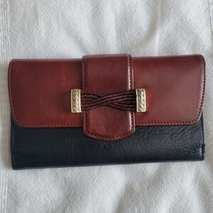 Vintage Brighton Brown And Black Leather Wallet Large Woven Embellishment